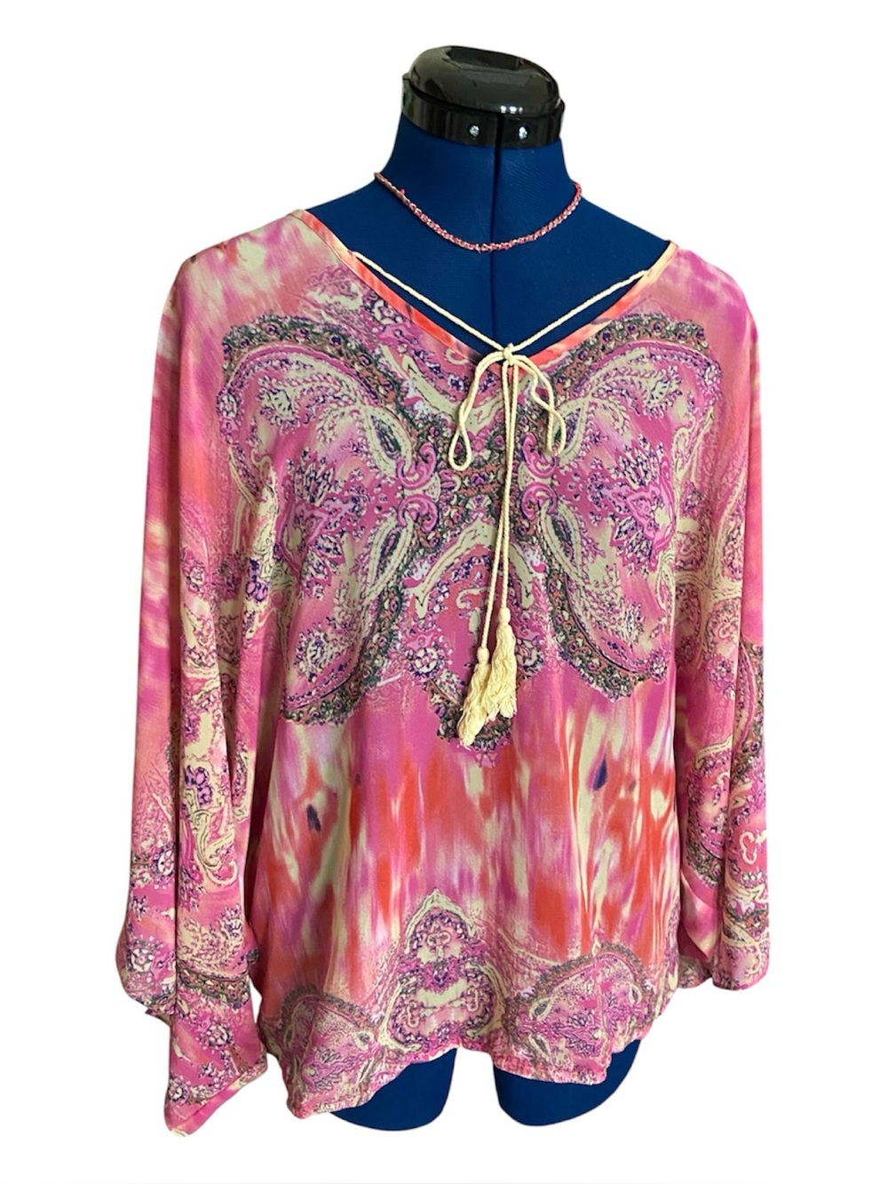 Harlow Zee Sheer Boho Gypsy Paisley Tunic Top Blouse with Tie Tassels Oversized